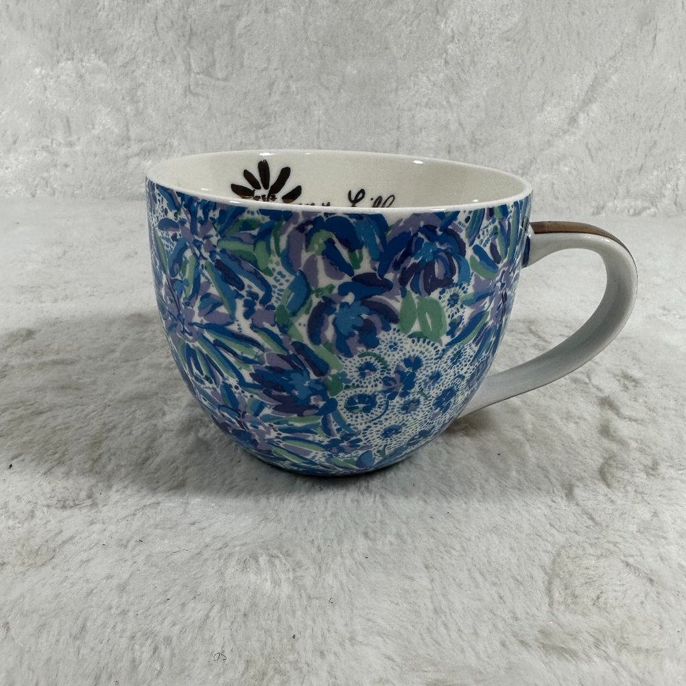 Lilly Pulitzer Blue Floral Ceramic Mug Cup Gold Handle 12fl oz
